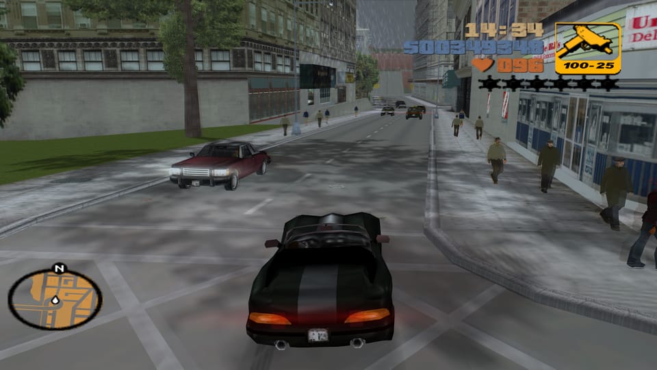 Screenshot of GTA 3, cruising down a street in Liberty City