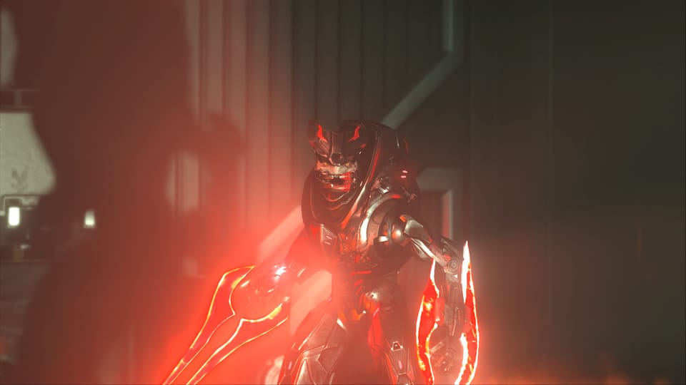 Screenshot of Jega, with dual plasma swords, one mounted on a robot arm, and half a robot mouth