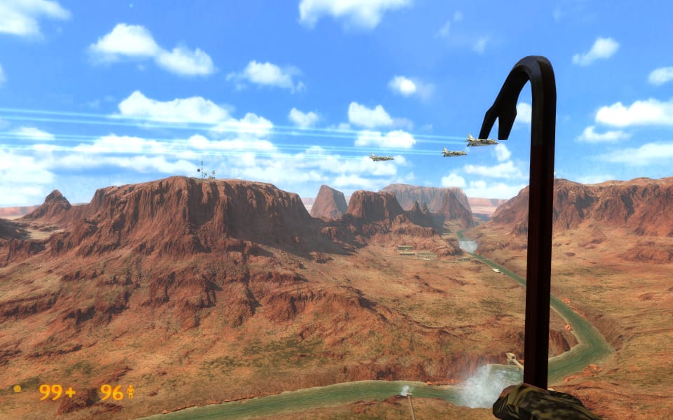 A screenshot of Black Mesa, looking out over a desert