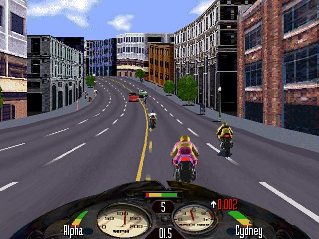 Road Rash screenshot, with some cars and other bikers