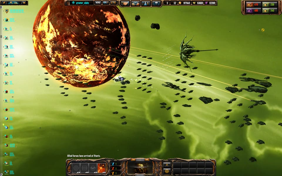 A Sins of a Solar Empire screenshot, with the Vasari assaulting a volcanic planet