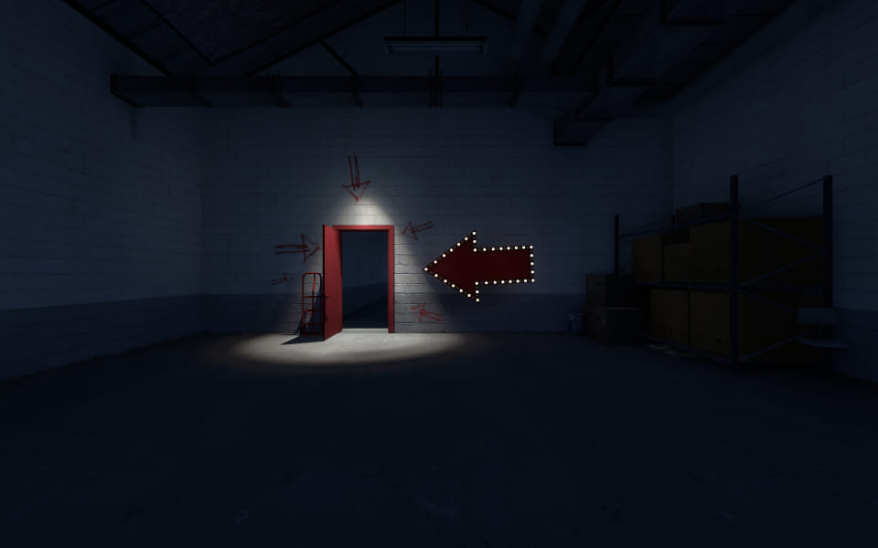 Screenshot of The Stanley Parable, showing a red door