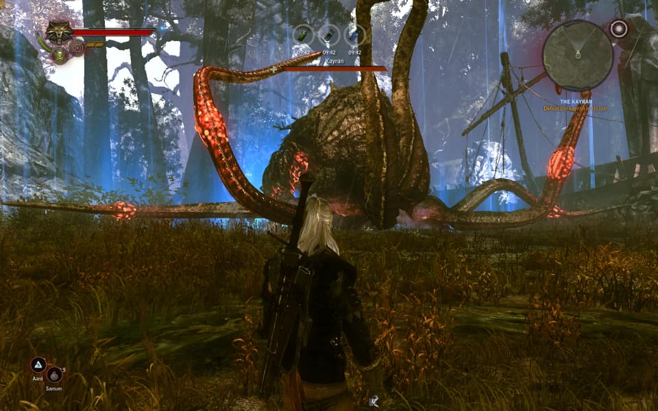 Screenshot of The Witcher 2, showing the octopus-like Kayran