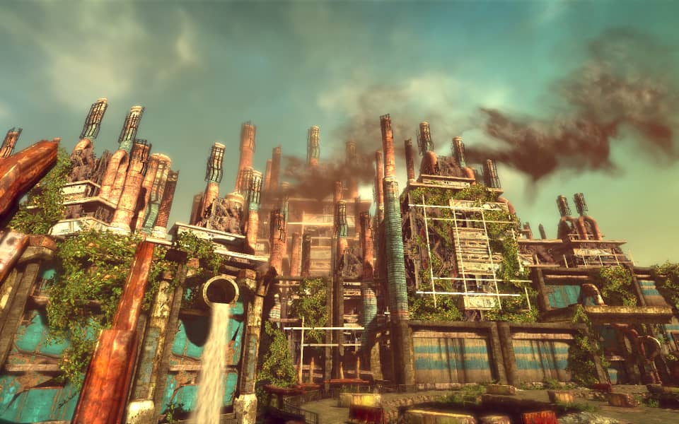 A colorful screenshot of Enslaved, showing a robot factory