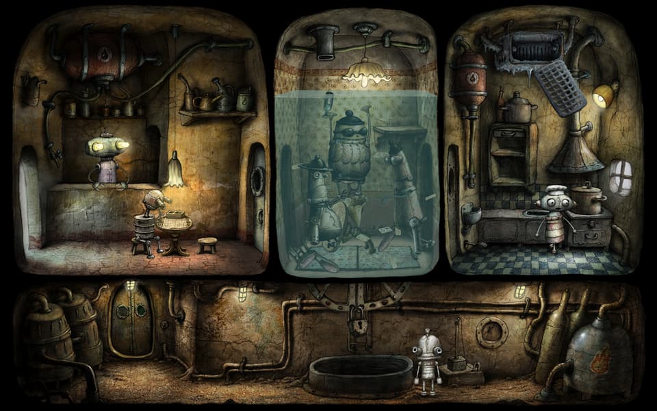 Screenshot of Machinarium, showing one of the split room scenes 