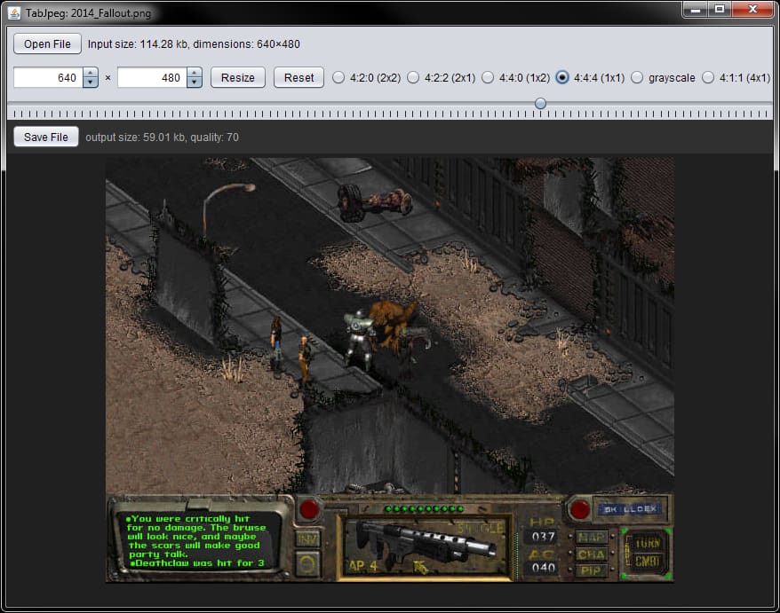 Screenshot of TabJpeg, optimizing the Fallout screenshot.