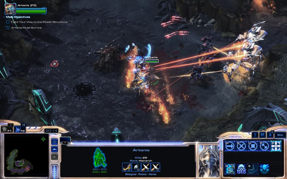 Screenshot of Legacy of the Void, showing Artanis leading a detachment against a Zerg base.