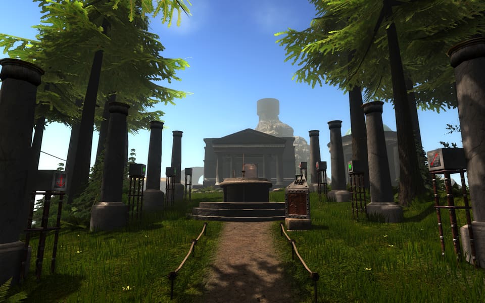 Screenshot of Myst Island, showing the well and library.