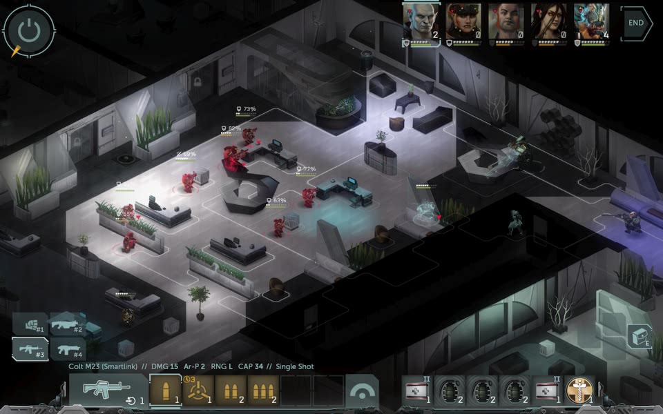 Screenshot of Shadowrun: Dragonfall, showing a shootout with many chest high walls.