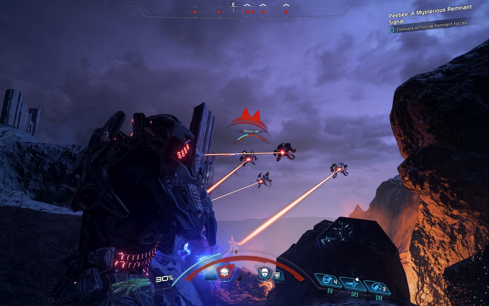 Screenshot of Mass Effect: Andromeda, showing some combat with the ancient robots.