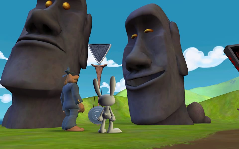 Screenshot of Sam and Max talking to an Easter Island Moai head statue.