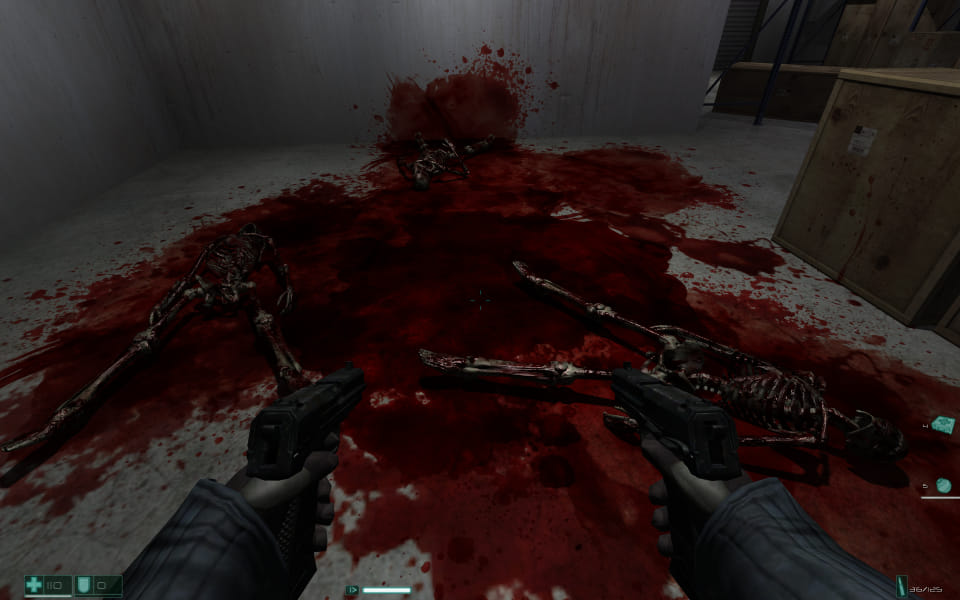 Screenshot of FEAR, showing 3 bloody skeletons on the floor