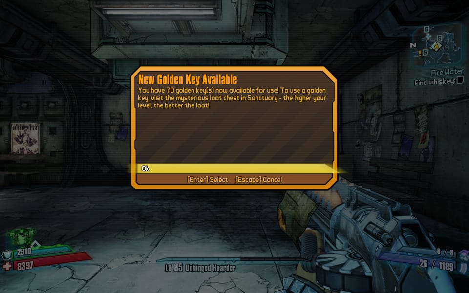 Screenshot from Borderlands 2 showing 70 Golden Keys