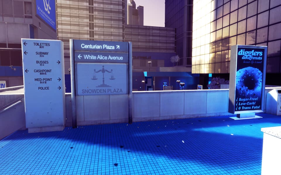 Screenshot from Mirror's Edge, showing Snowden Plaza