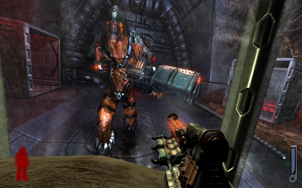 Screenshot from Prey, showing an enemy up close when the player has shrunk