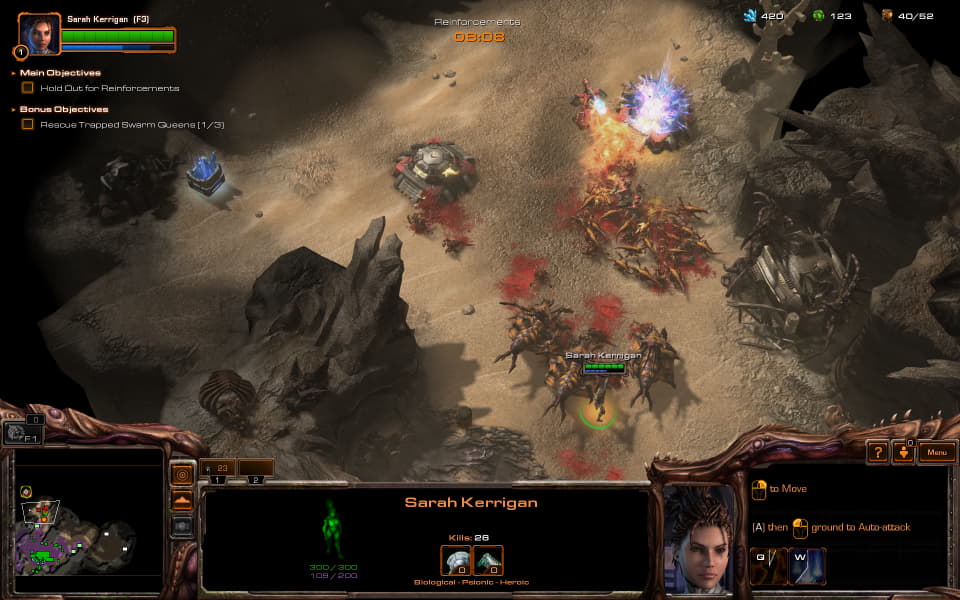 StarCraft 2: Heart of the Swarm screenshot, showing Kerrigan in combat destroying bunkers.