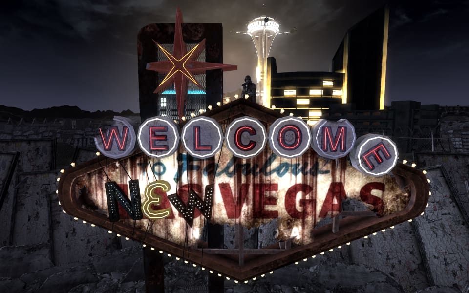 Screenshot of Fallout: New Vegas, showing the "Welcome to Fabulous New Vegas" sign.