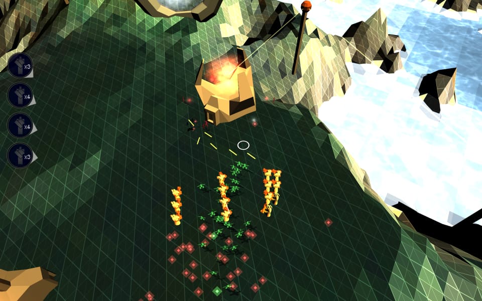 Screenshot of Darwinia, showing friendly and enemy Darwinians, squads, and upward floating souls