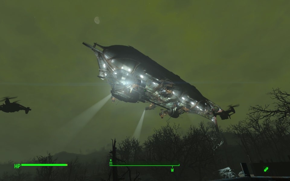 Screenshot of the Prydwen, the Brotherhood of Steel's airship, arriving during a rad storm.