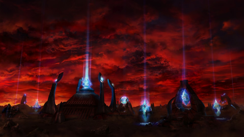 A Protoss base under a red sky.