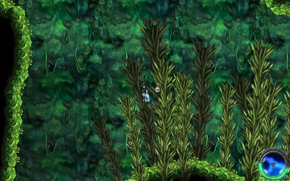 Screenshot of Aquaria, with Naija floating in a bunch of seaweed.