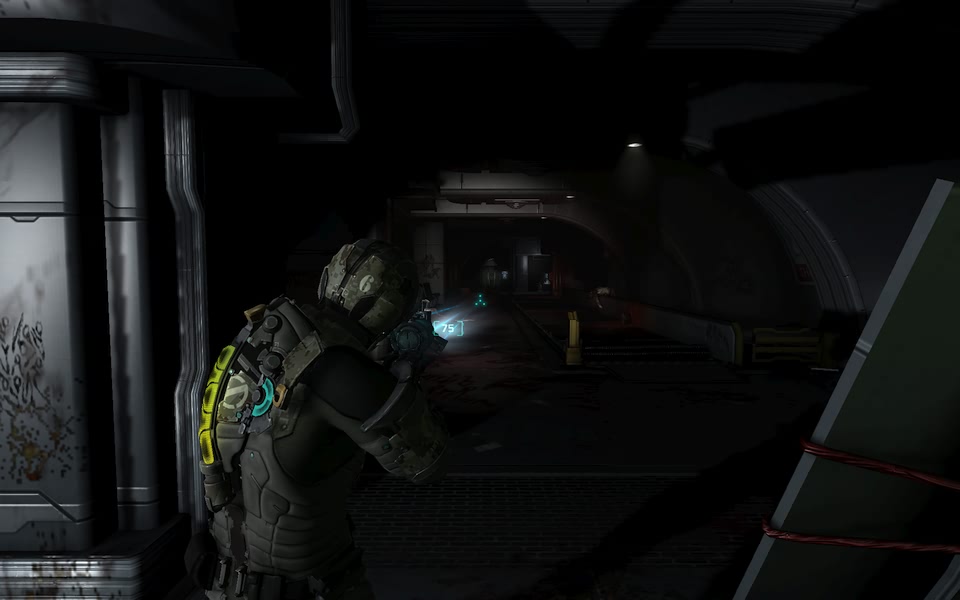 Screenshot from Dead Space 2, showing a dark hallway