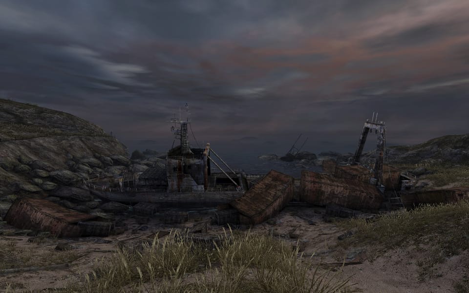 Screenshot of Dear Esther, showing a wrecked old container ship.