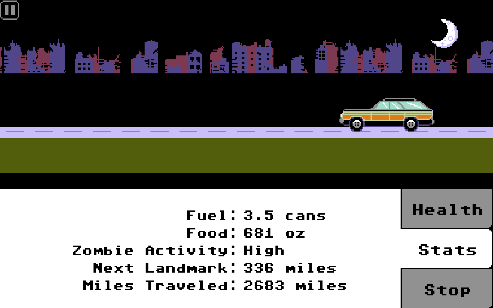 Screenshot of a station wagon going down the road at night.