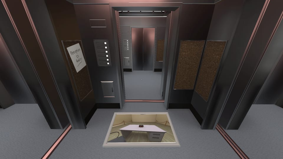 Screenshot of an elevator opening to another elevator, infinitely