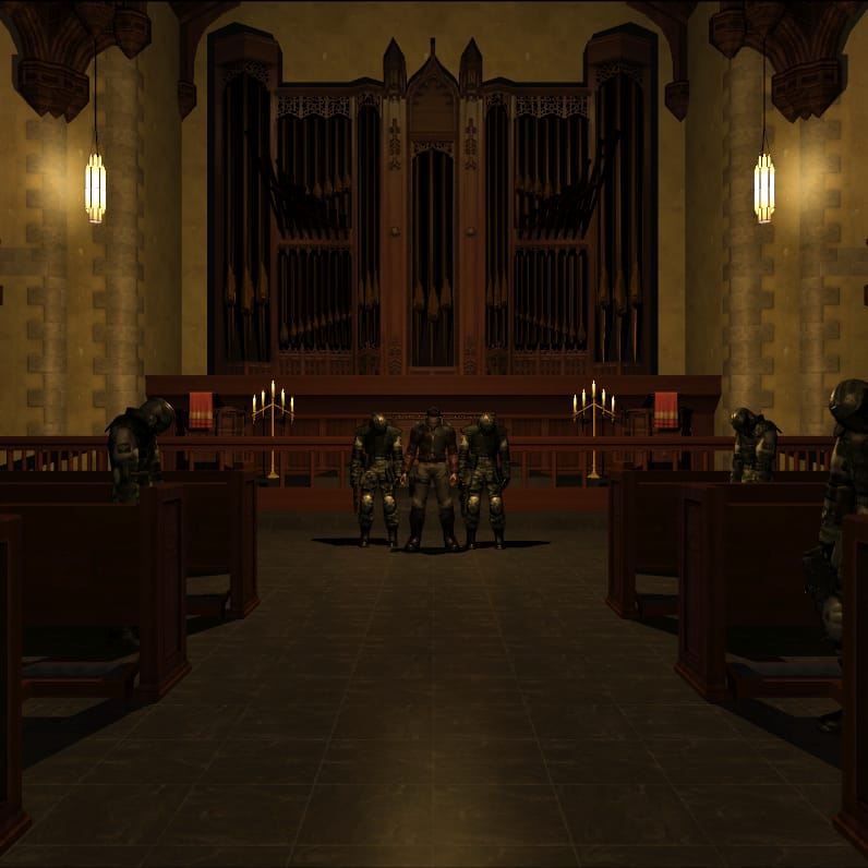 Screenshot from Extraction Point, showing Paxton Fettel in a church surrounded by Replicant soldiers