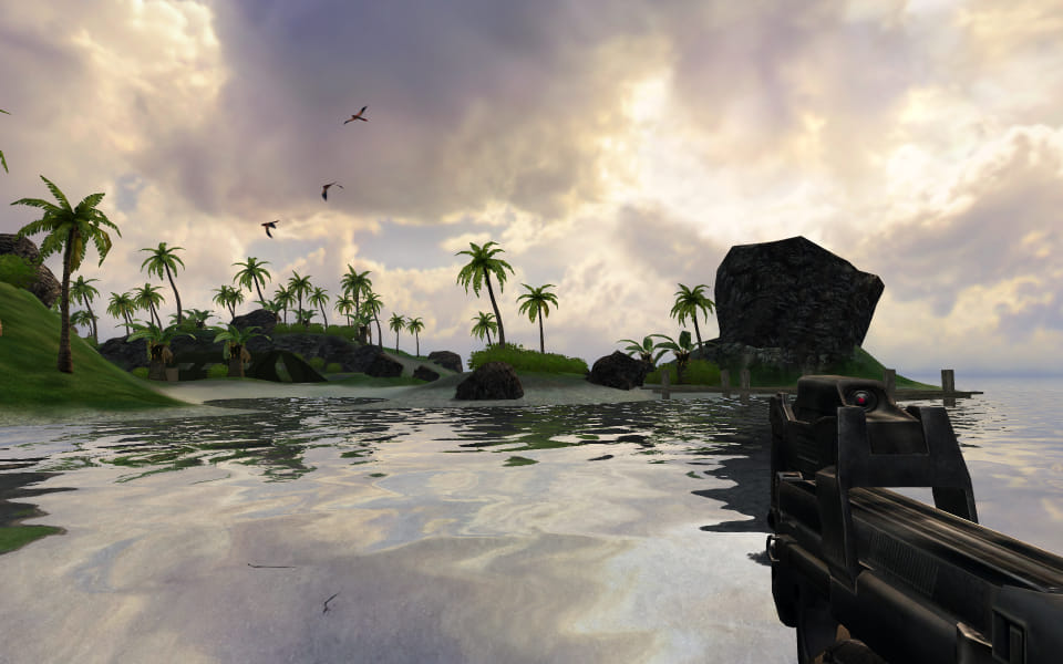 FarCry screenshot showing a beach camp