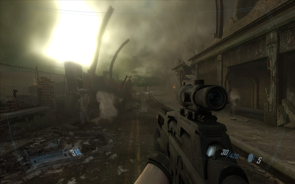 Screenshot of F.E.A.R. 2, showing ghosts in a destroyed city
