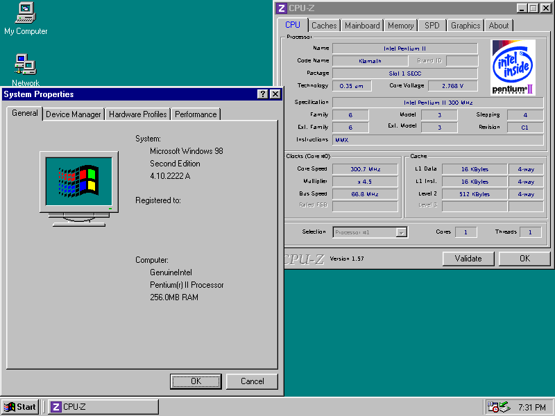Screenshot of the Windows 98 Second Edition desktop, showing evidence of a Pentium II 300MHz with 256MB RAM.