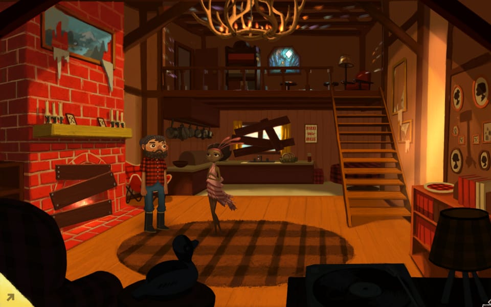 Screenshot from Broken Age, showing Vella and the lumberjack