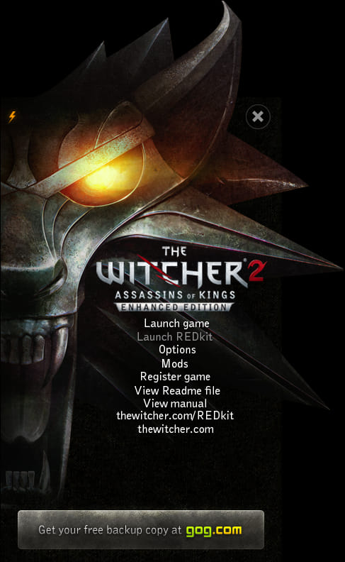 Screenshot of the Witcher 2 launcher, showing a fake button