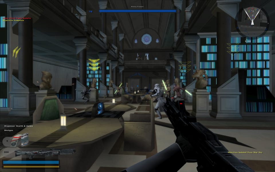 Screenshot of a battle in a library