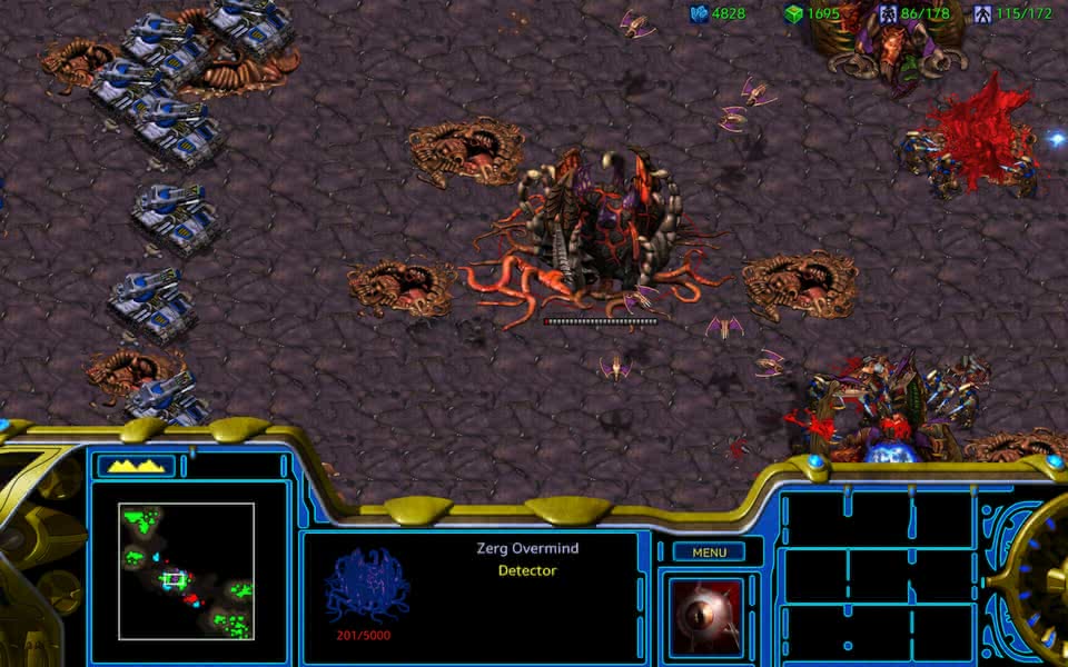 Screenshot of StarCraft: Remastered, showing an assault on the Zerg Overmind.