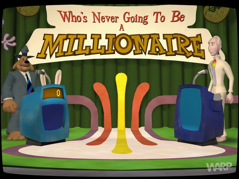 Screenshot of Sam and Max as contestants on Who's Never Going To Be a Millionaire.