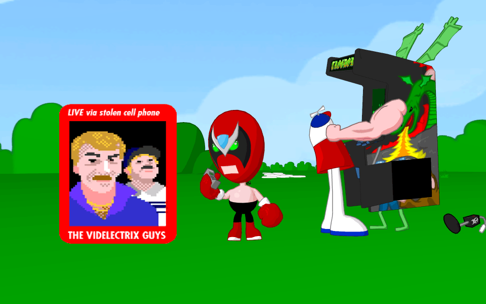 Screenshot of Strongbad calling Videlectrix support, and Homestar getting punched by arcade cabinent Trogdor.