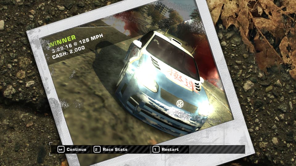 Screenshot of Need For Speed Most Wanted, showing a Polaroid of a race win.