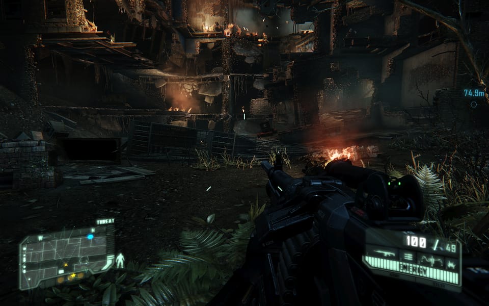 Screenshot of Crysis 3, showing a destroyed apartment building