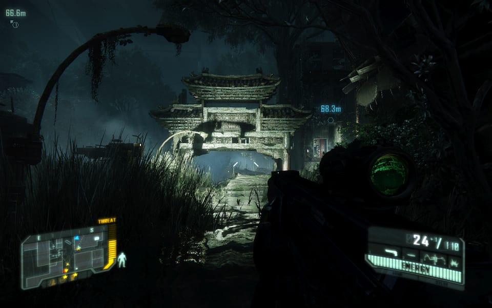 Screenshot from Crysis 3, showing a ruined Chinatown.
