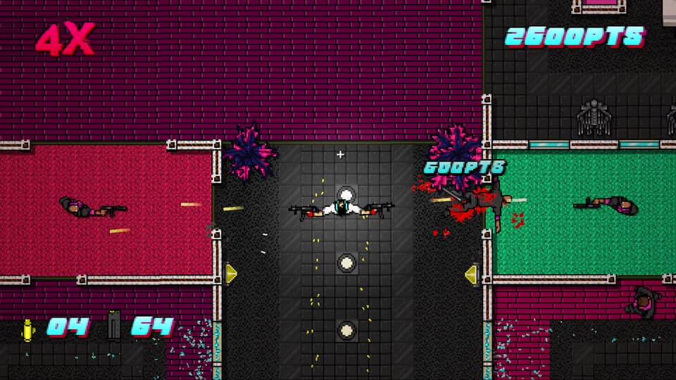 Screenshot of Hotline Miami 2, showing the Mobster shooting up the place