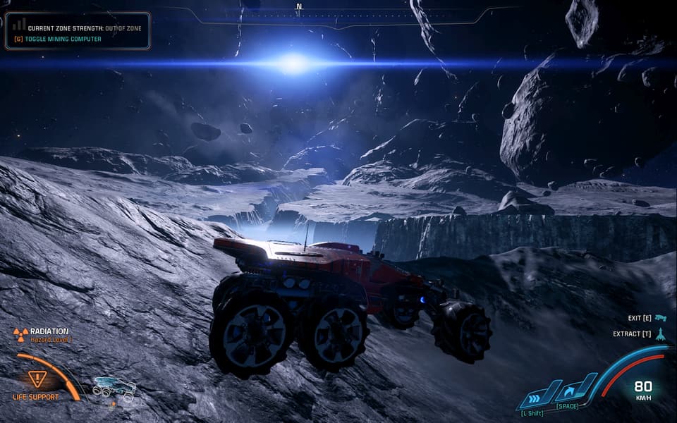 Screenshot of Mass Effect: Andromeda, showing the Nomad doing epic jumps on an asteroid.