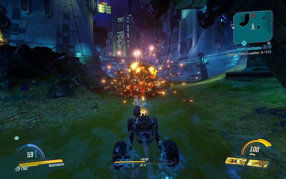 Screenshot of Borderlands 3, showing blowing up a car