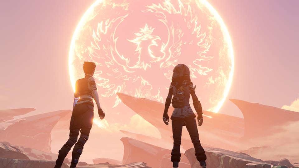 Screenshot of Borderlands 3, showing Pandora's moon with a blazing hawk over it