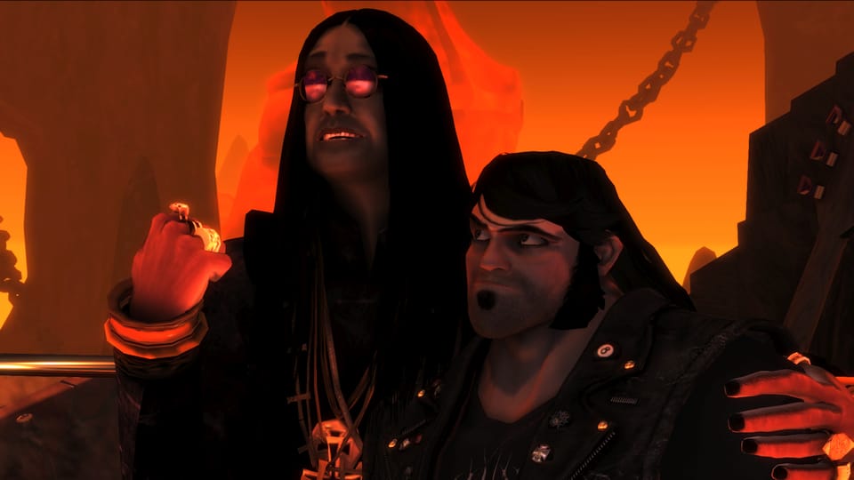 A screenshot of Brütal Legend, with Ozzy and Eddie.