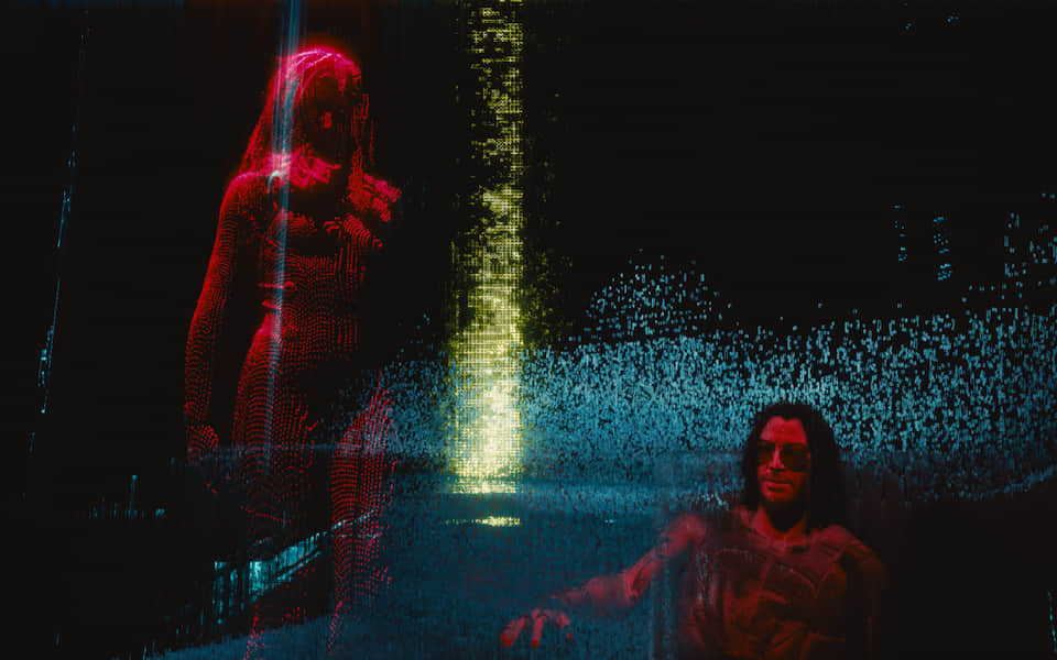 Screenshot of Keanu's character in the matrix.