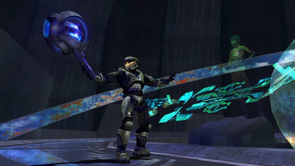 Screenshot of Halo, showing 343 Guilty Spark, Master Chief, and Cortana