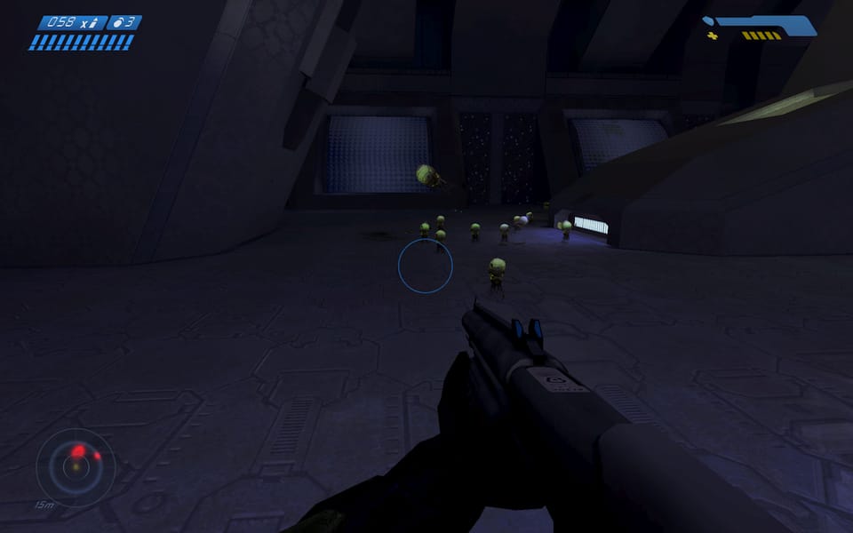 Screenshot of Halo, showing the Flood coming down a hallway
